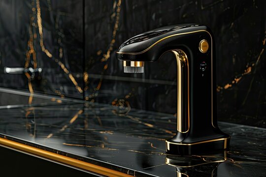 Futuristic touchless faucet with holographic controls in a black luxe kitchen.