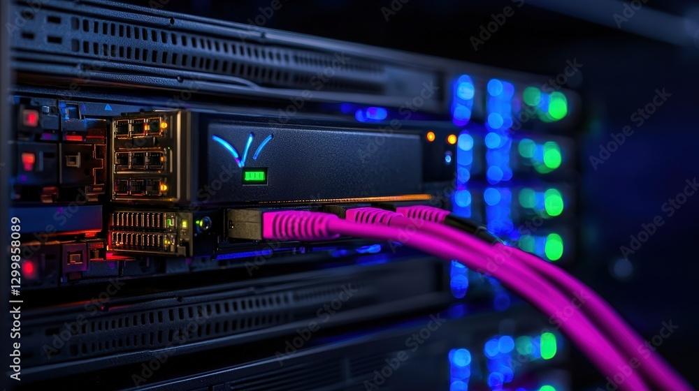 Aufkleber close-up view of server rack cabling in data center, technology background