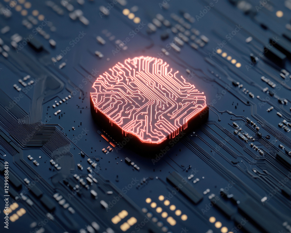 Poster close-up of a glowing microchip on a circuit board.