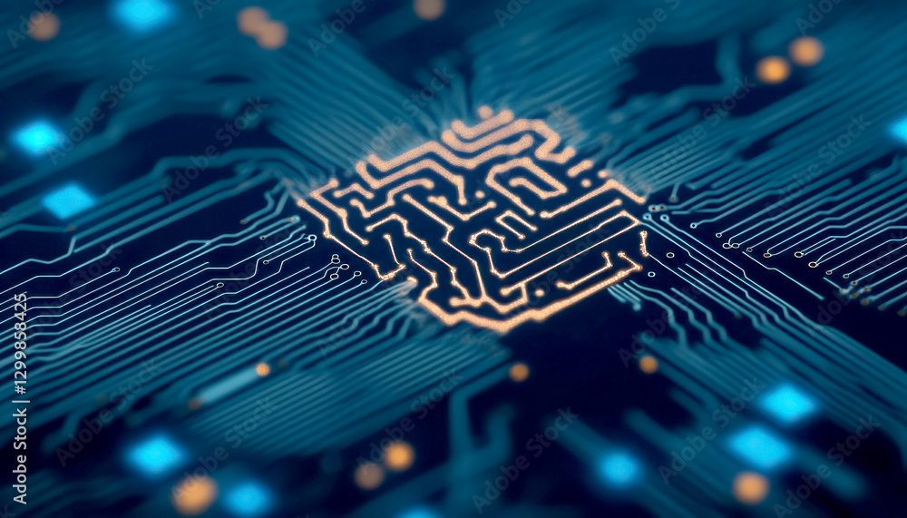 Poster close-up of a microchip with intricate circuit patterns.