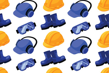 Detailed illustration of safety gear pattern featuring various helmets, goggles, and boots.  Show a variety of styles and colors.