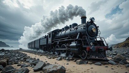 Fototapeta premium Steam train journey on rocky beach coastal landscape digital artwork dramatic sky