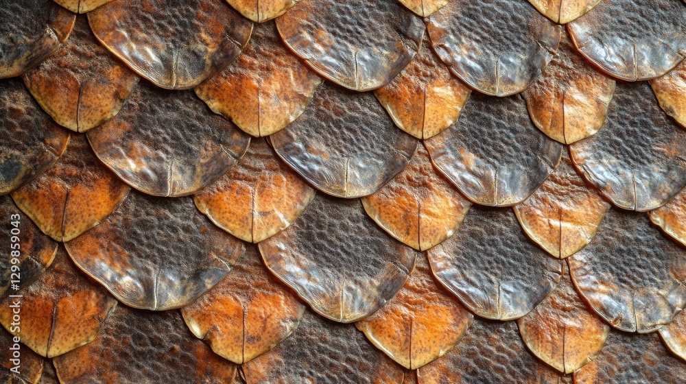 Poster close-up of overlapping scales, brown and orange hues. ideal for texture backgrounds, design project
