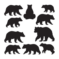 Bear silhouettes, bear in various poses, standing, walking, sitting, perfect for wildlife, nature designs, outdoor themes, versatile, visually engaging