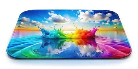 Bath Mat Liner, Rainbow Gradient, 3D Floating Objects, Water Splash, Sky Clouds, Glass Reflection