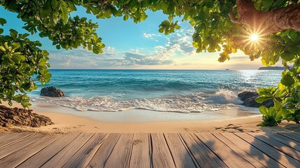 A virtual Zoom background featuring a serene beach and ocean view.