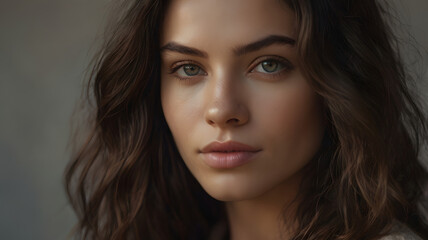 Fototapeta premium a stunning portrait of a beautiful woman with captivating green eyes and wavy brown hair, showcasing natural beauty
