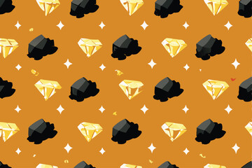 Create a seamless vector background pattern featuring realistic, dark coal chunks interspersed with sparkling diamonds.  High detail, rich textures.