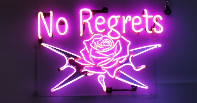 Neon sign no regrets gothic skull glowing inked rose barber shears crossed background bright colorful realistic photo