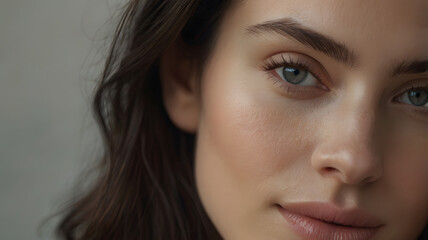 Fototapeta premium Close-up portrait of a woman with flawless skin and captivating blue eyes