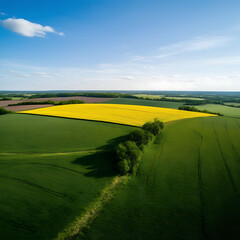 Obraz premium Aerial top view of panorama seen from above of the plain with the cultivated fields divided into geometric shapes in spring background, copy space