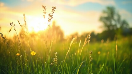 Sunlight filters through tall grass and wildflowers in summer © Agri