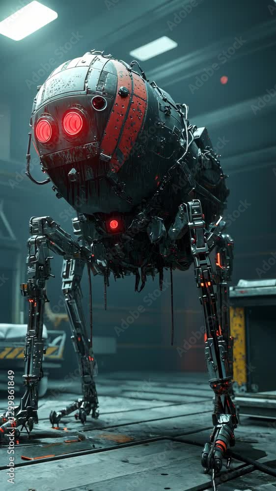 Poster futuristic robotic creature in a dimly lit workshop with glowing red eyes and a unique design