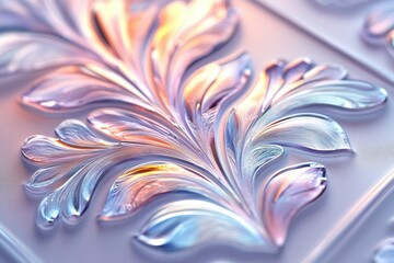 Intricate iridescent floral design embossed on a light pastel surface, showcasing a detailed, elegant pattern.
