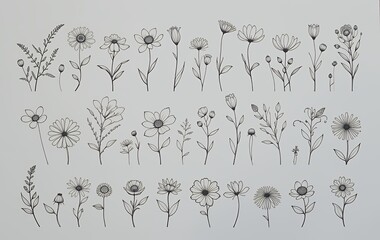 Drawing Collection of Various Flower and Plant Sketches on White Background