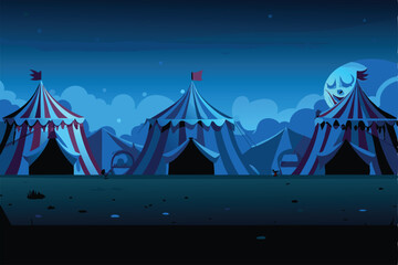A sinister circus scene at night, featuring tattered tents, creepy clowns, and a foreboding atmosphere.  Focus on the decay and unsettling details.