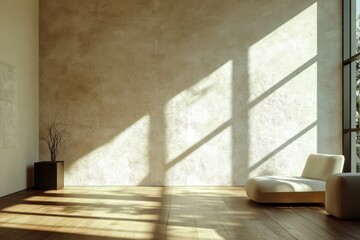Fototapeta premium A tranquil, open space with warm afternoon sunlight casting long shadows on textured walls and hardwood flooring.