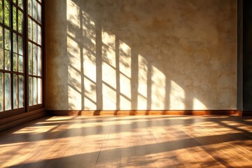 A tranquil, open space with warm afternoon sunlight casting long shadows on textured walls and hardwood flooring.
