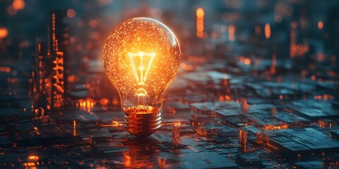 Naklejka premium Illuminating Innovation: A Glowing Lightbulb on a Futuristic Circuit Board