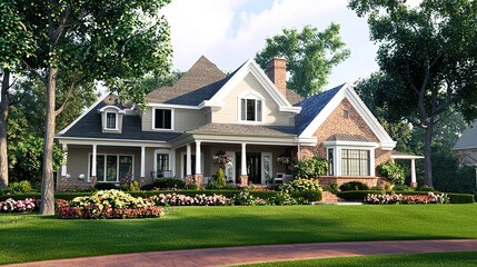 Elegant suburban home with classic architecture, beige exterior, white trim, and large windows, featuring a red brick porch, manicured landscaping, green trees, and vibrant flower beds.  
