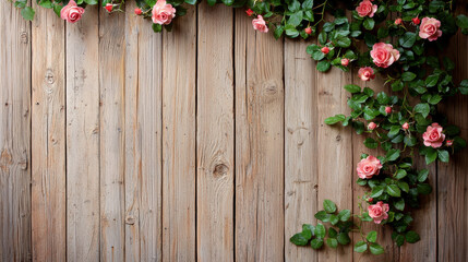 Floral arrangement on wooden background with pink roses and green leaves.