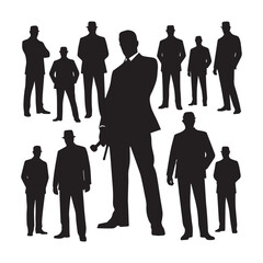 Retro mafia silhouettes set, large pack of vector silhouette design, isolated white background.