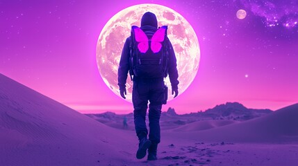 Obraz premium Astronaut with Pixel Butterfly Wings Walking in Purple Desert Underneath Giant Moon
