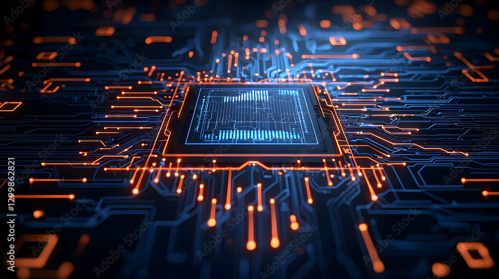 Aufkleber digital circuit board illuminated in blue and orange illustrating technology and data processing