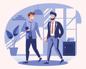 LGBTQ Person at Work – Two Men in Business Attire Walking and Talking in Office – Vector Illustration