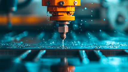 Waterjet cutting machine slicing through thick metal industrial workshop machinery high-tech environment close-up view precision engineering