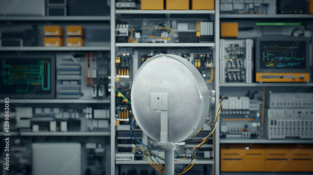 Poster detailed view of technological system with digital elements on the shelf inside the laboratory in a 