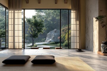 Fototapeta premium A spacious Japanese room overlooking a tranquil Zen garden, with traditional paper walls and natural textures.