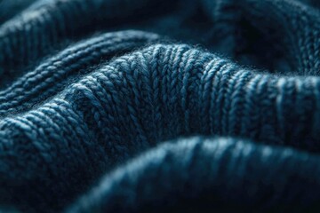 Close-up of textured dark blue knitted fabric, showcasing intricate yarn detail and soft folds.