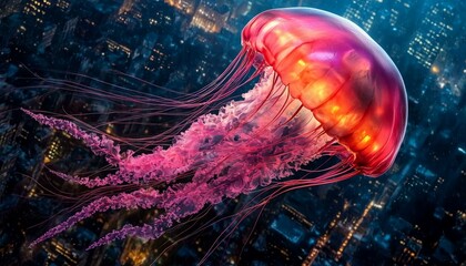 Vibrant Jellyfish Floating Over Night Cityscape with Colorful Lights