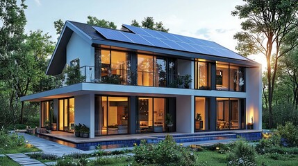 Fototapeta premium Modern House with Solar Panels in Serene Environment