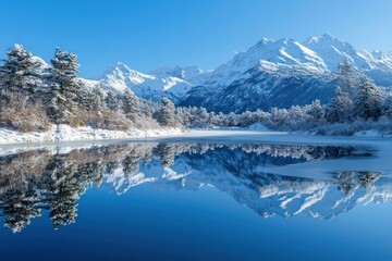Fototapeta premium A tranquil winter scene with a clear reflection of snow-covered mountains and trees in the still waters of a lake.