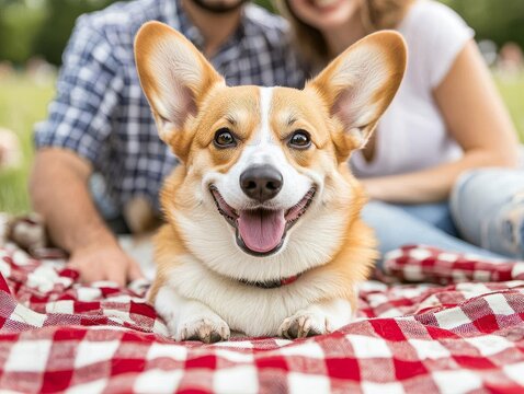 Happy corgi enjoying a picnic with its owners in a sunny park setting. - Powered by Adobe