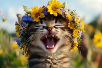 Vacation time happiness. Cute baby cat siamese wearing fierce flower crown on its head. Sunny...