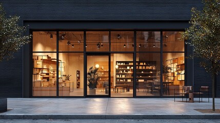 Modern Retail Storefront with Warm Lighting at Dusk