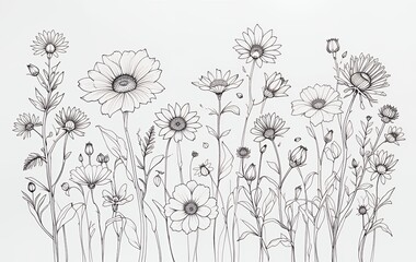 Hand Drawn Wildflower Illustration with Detailed Lines for Coloring or Design