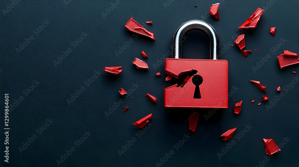 Aufkleber broken red padlock with shattered fragments on black textured background symbolizing security breach