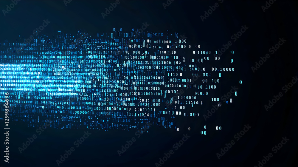 Poster abstract digital data stream of blue pixels on black background