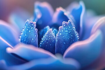 Close-up of a vibrant blue flower petal covered in glistening water droplets.