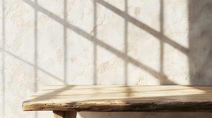 Wooden table mockup on stucco background with window shadow on the wall, beige earthy color tones,

