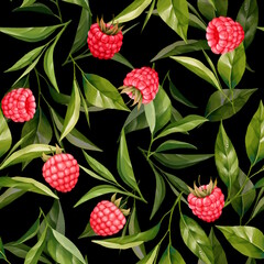 Seamless pattern with tea leaves and raspberry. Floral background for food packaging, vegan menu or herbal tea