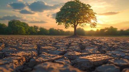 Solitary Tree on Cracked Earth at Sunset