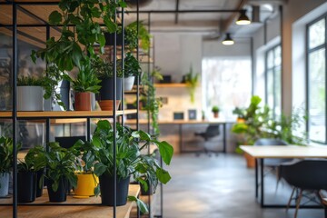 A trendy office interior featuring industrial shelving with potted plants, adding a touch of greenery to the workspace.