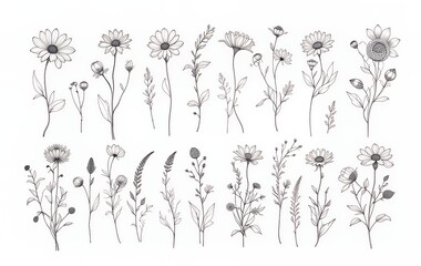 Hand Drawn Flower Collection Sketch Illustration for Botanical Design Elements