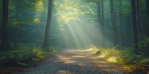 Obraz premium Sunbeams Illuminating a Mystical Forest Path