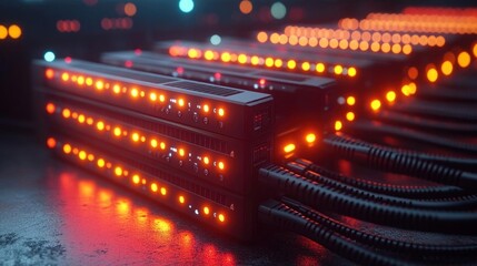 Glowing Server Racks In Dark Setting